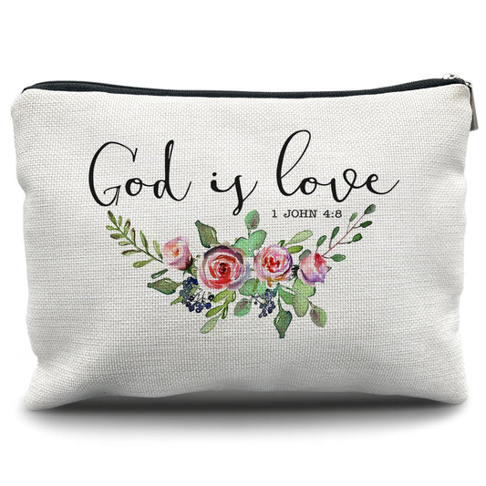 Nogrit Christian Inspirational Makeup Bag Cosmetic Bags for Women, Christian Gifts for Women Faith, Religious Bible Verse Small Makeup Cosmetic Bag for Purse, Floral Makeup Bag, 1 John 4:8