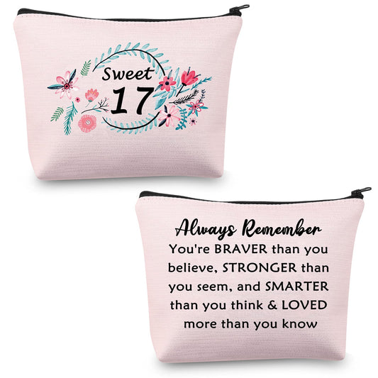 MBMSO Sweet 17 Makeup Bag Happy 17th Birthday Gift Bag 17 Year Old Gifts Inspirational Gifts always Remember You are Braver than You Believe (Sweet 17 pink)