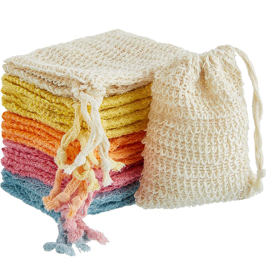 15 Pieces Soap Saver Bag Exfoliating Soap Pouch Sisal Mesh Soap Bag Drawstring (Natural, Pink, Blue, Yellow, Orange)