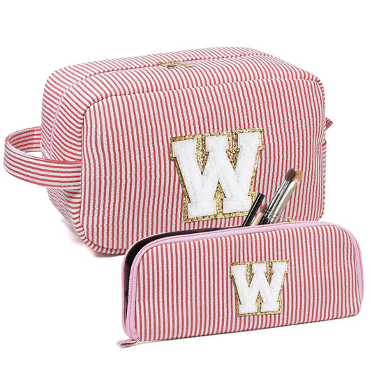 Avgiedy 2Pcs Makeup Bag, Cute Cosmetic Bag, Personalized Initial Preppy Large Capacity Travel Makeup Bag Organizer, Makeup Bag is for Mother, Wife, Friends Birthday, Valentine's Day Gifts-Pink