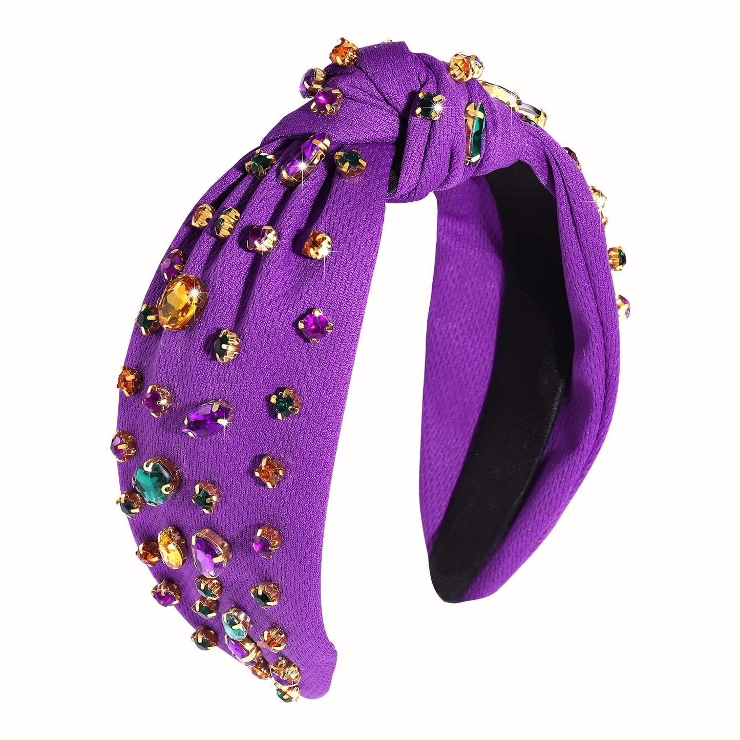 CENAPOG Rhinestone Knotted Mardi Gras Headband for Women Sparkly Crystal Embellished Hairbands Twist Turban Headband Elastic Wide Velvet Hair Hoop Party Holiday Headwear for Girls (Mardi gras colors)