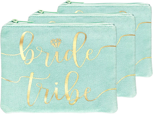 Bride Tribe Makeup Bags - Bridesmaid Favor for Bachelorette Party, Bridal Shower, Wedding. Cosmetics/Toiletries Bag, Wedding Survival Kit, Hangover Kit, Keepsake (3pc Bride Tribe, Mint)