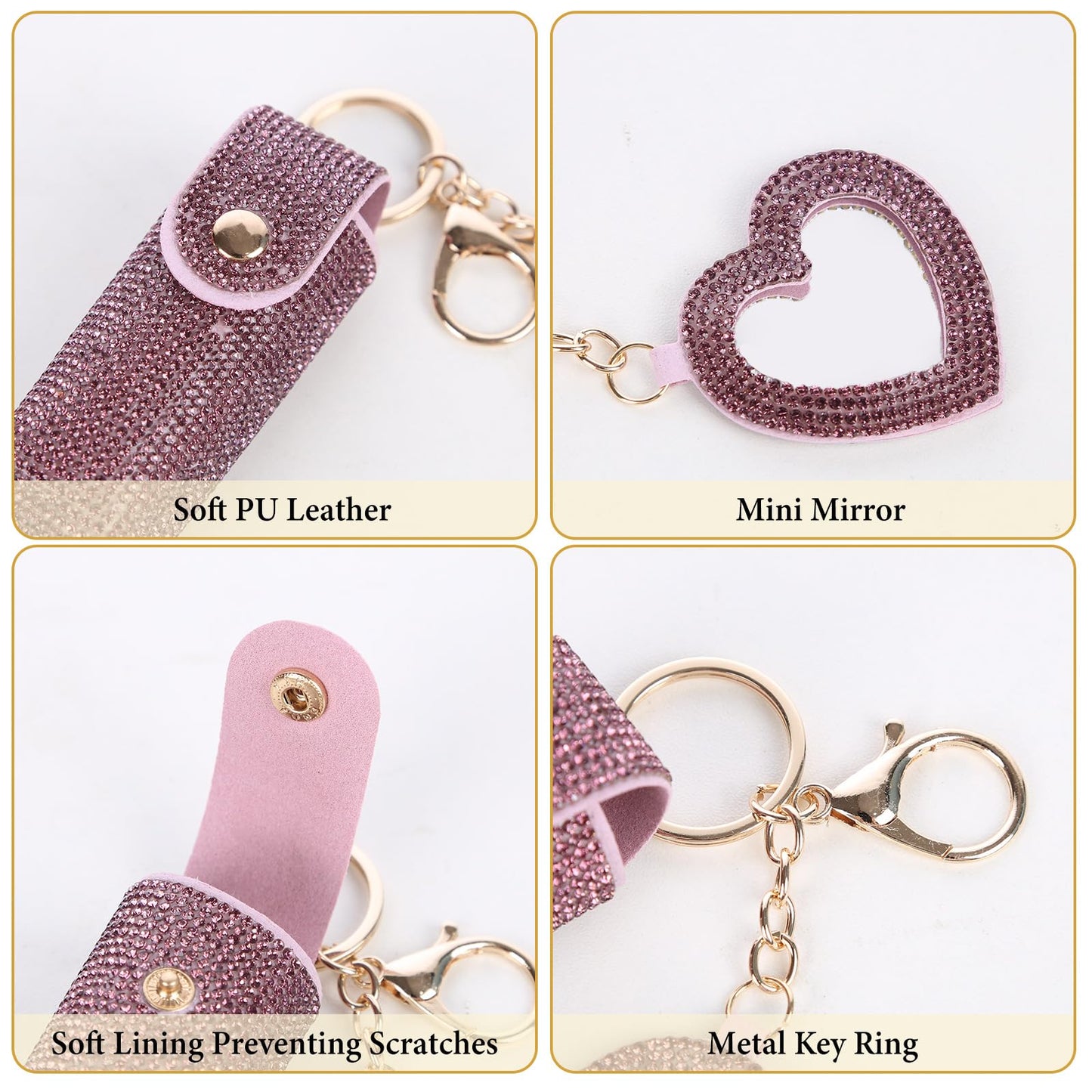 Lipstick Organizer Keychain, Rhinestone Lipstick Case with Mirror for Women, Portable Lipstick Leather Holder Lip Gloss Bag Lip Balm Case for Travel, Party, Holiday Gifts (Violet)