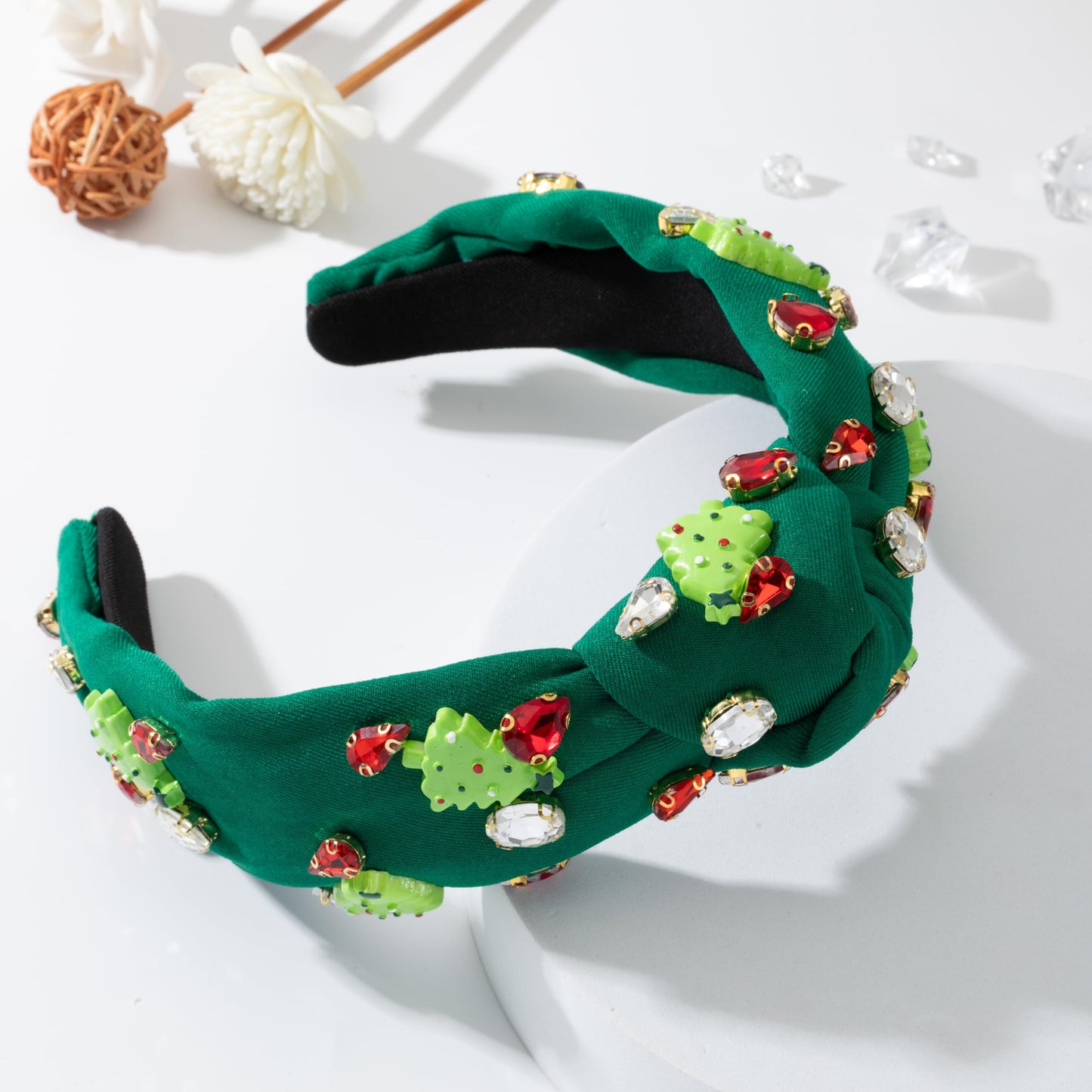 Christmas Rhinestone Knotted Jeweled Headband for Women Crystal Pearl Embellished Mixed Top Hairband ladies Twist Wide Hair Band Accessories Fashion Elegant Ladies Hairband Gifts (Xmas-green tree)