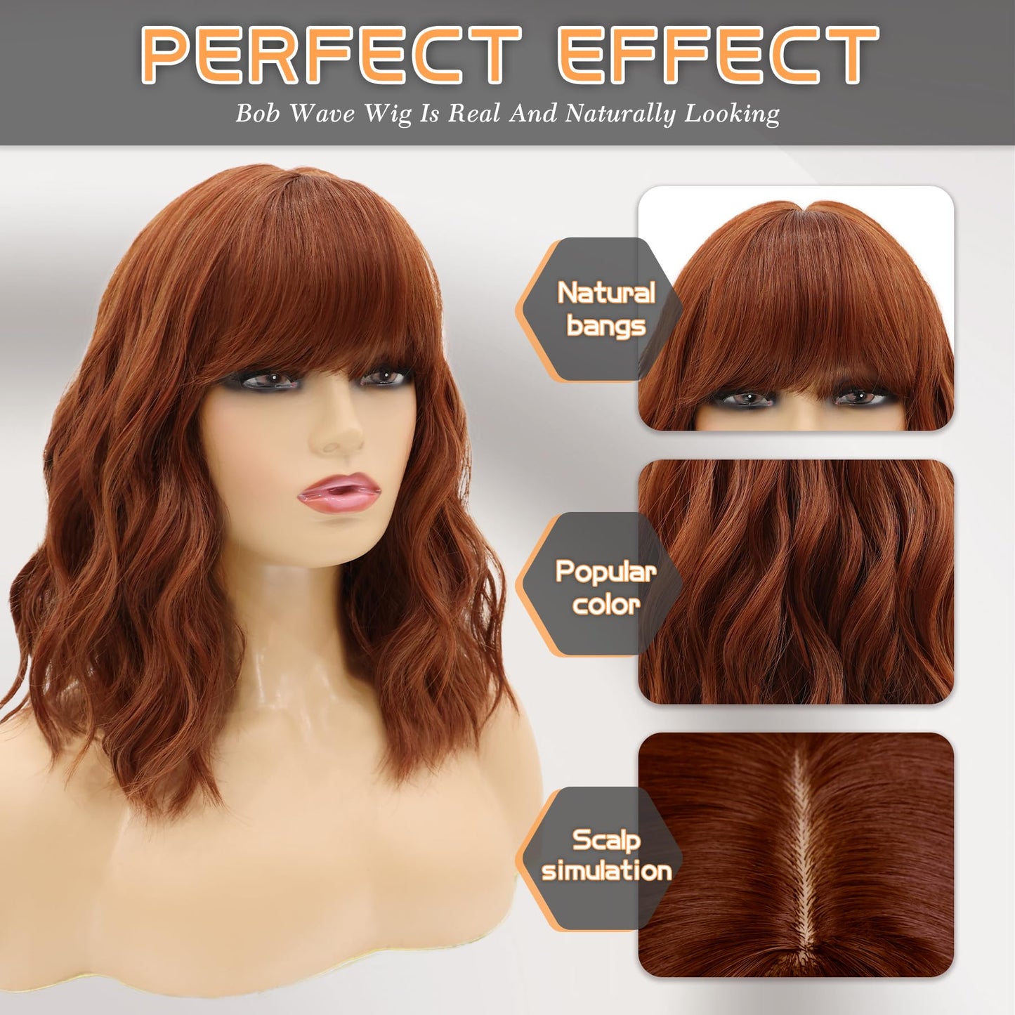 MOSINA Bob wig with Bangs for Women,Orange red Wig,14" synthetic bob wigs,Heat Resistant Fiber Wig for Suitable for work, parties and other occasions Use……