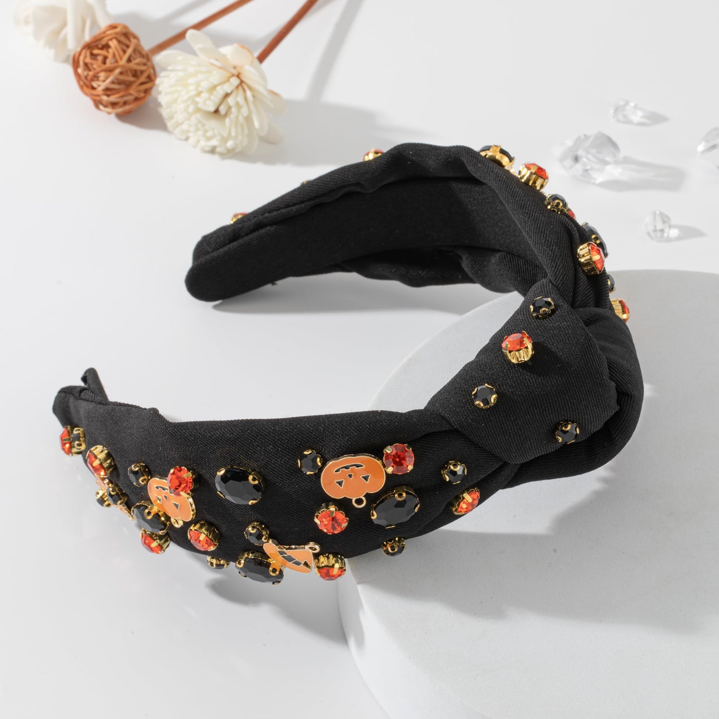 Halloween Rhinestone Knotted Jeweled Headband for Women Halloween Pumpkin Hat Embellished Mixed Top Hairband ladies Twist Wide Hair Band Accessories Holiday Makeup Hair Hoop Gif(Halloween-black hat)