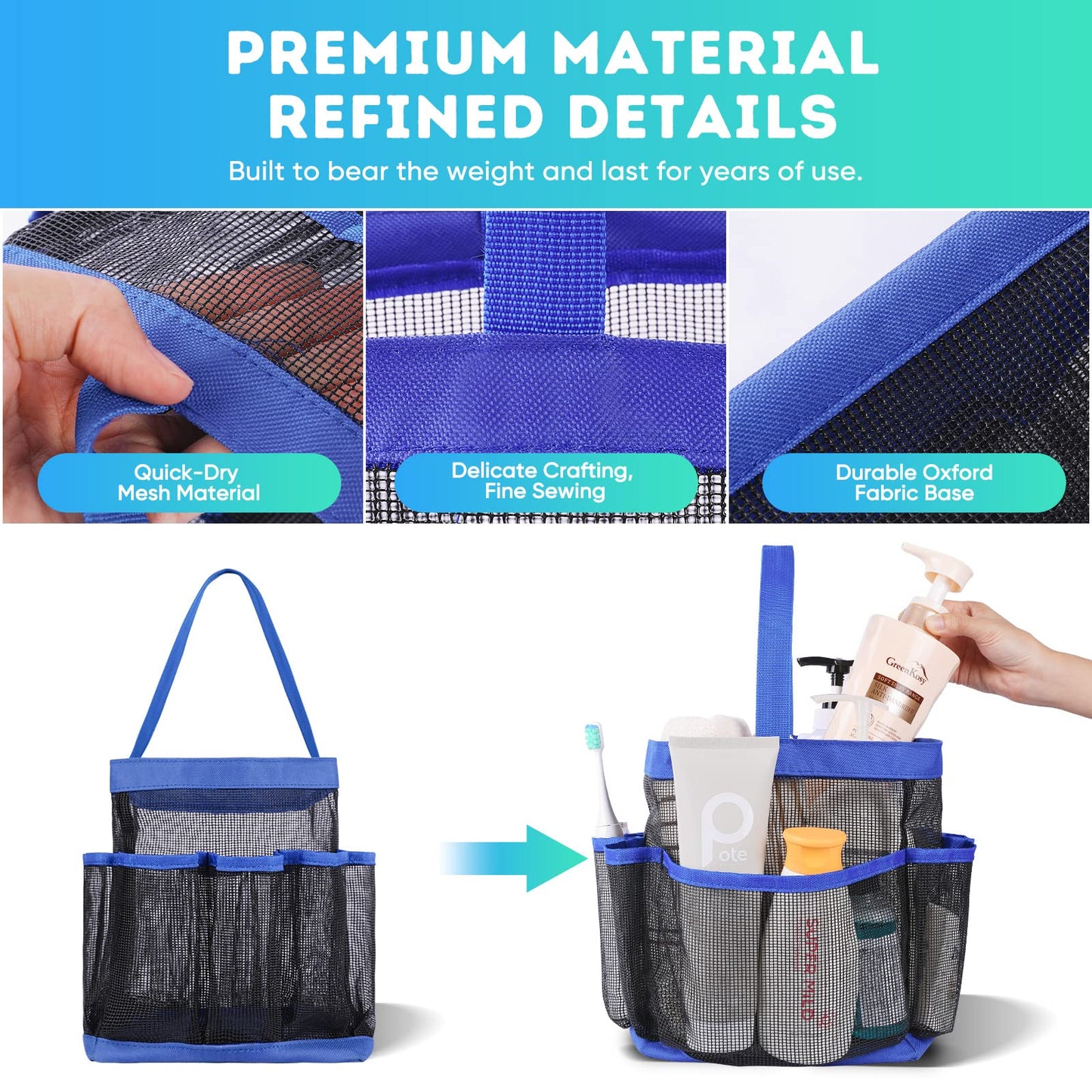 EUDELE Mesh Shower Caddy Portable for College Dorm Room Essentials,Portable Shower Caddy Dorm with 8-Pocket Large Capacity,Shower Bag for Beach,Swimming,Gym-Blue