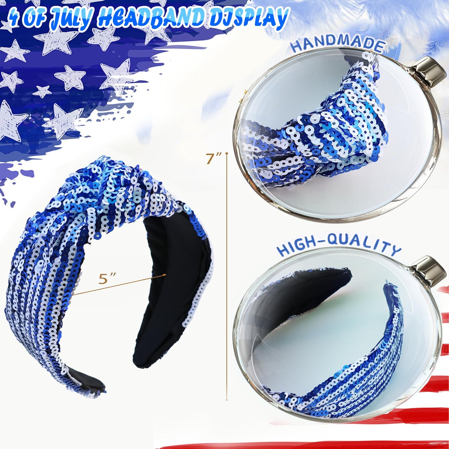 VHWMHEAD 4th of July Headbands - 4th of July Sequin Knotted Headbands for Women Girls Blue White Hairband Sparkly Wide Hair Bands Glitter Headband Patriotic Hair Accessories