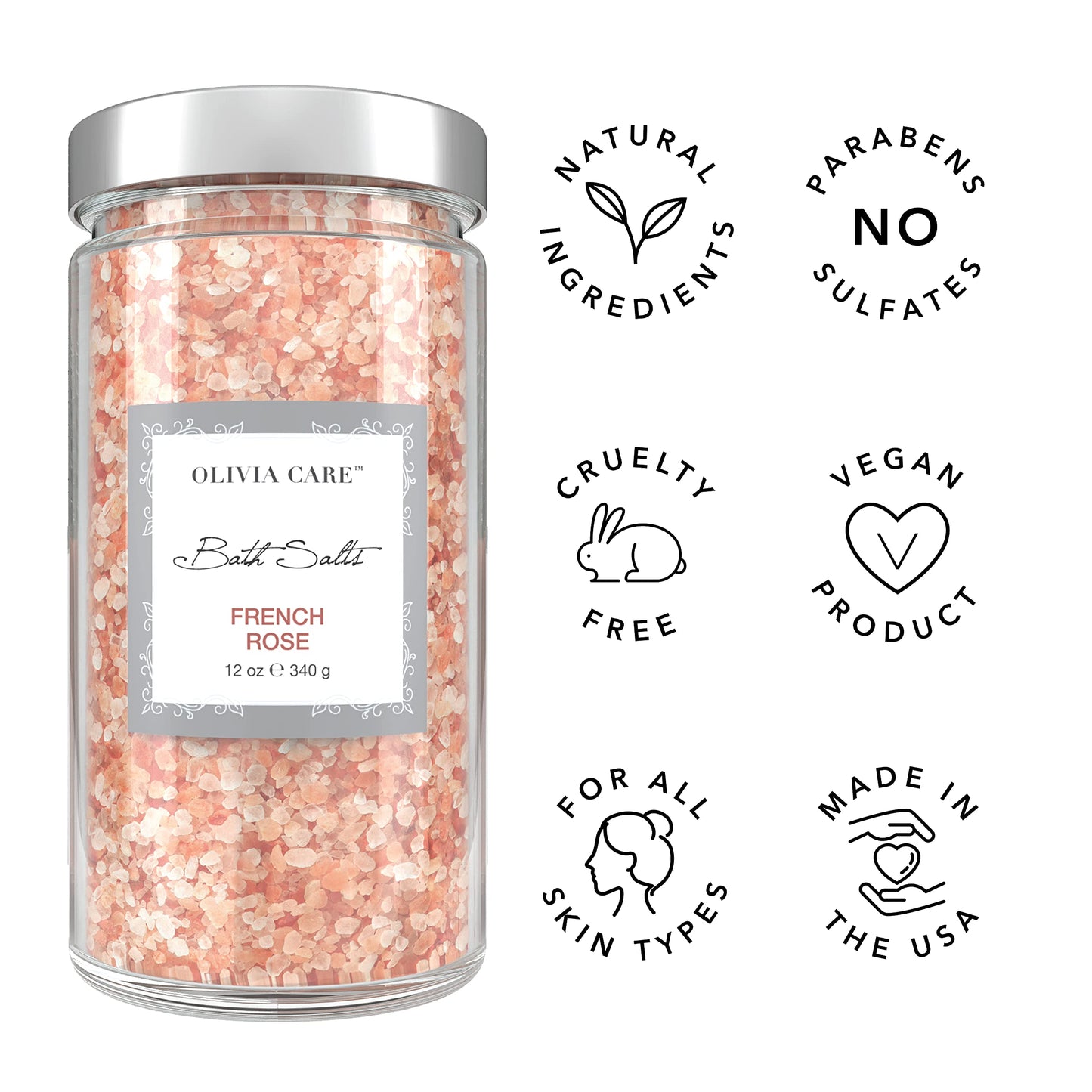 Olivia Care Pink Himalayan Bath Salts with French Rose - Relieves & Relax Muscles. Exfoliate, Heal, Rejuvenate, Cleansing & Soothes Skin | Made with Natural Ingredients. Fresh Fragrance - 12 OZ