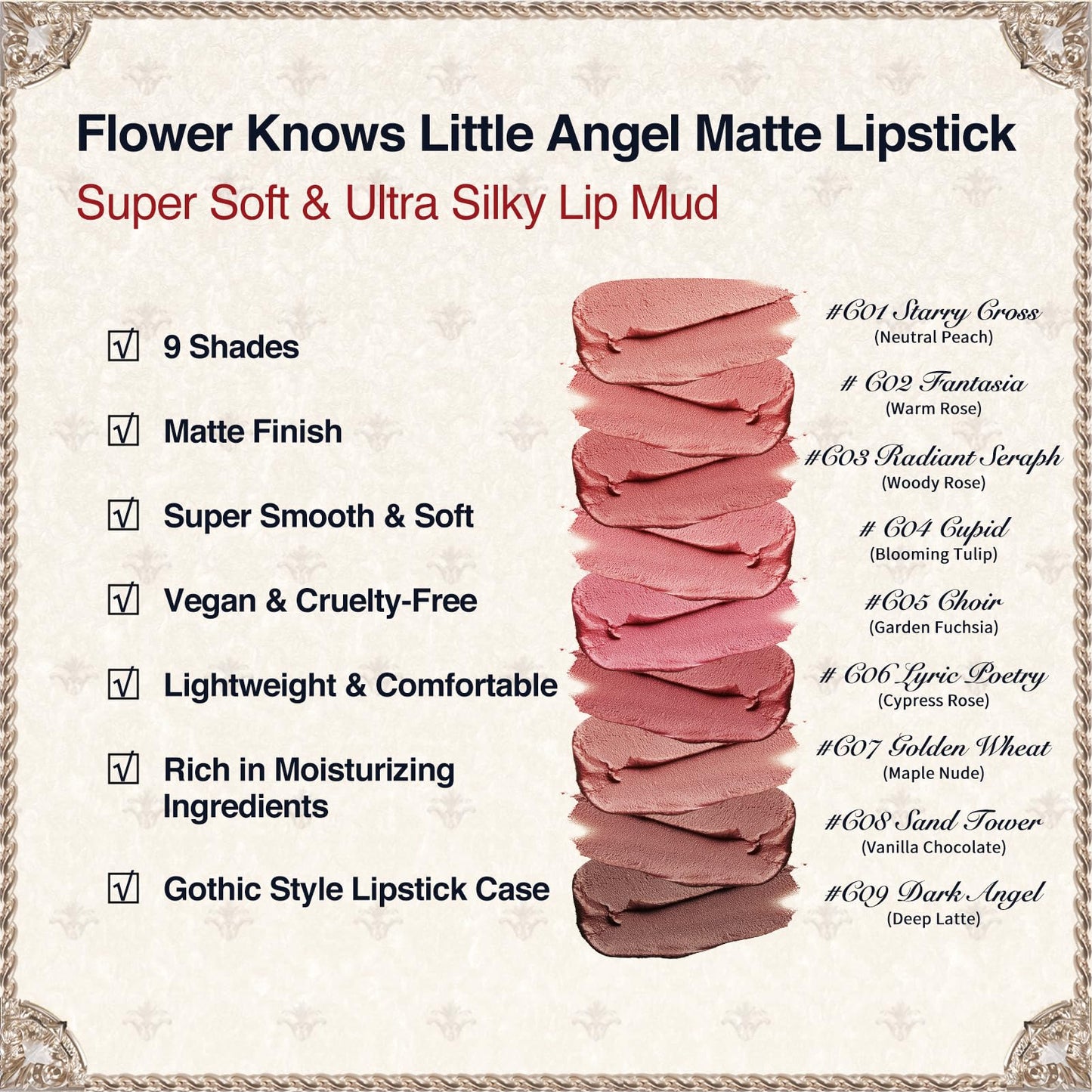 Flower Knows Little AngelMatte Lipstick,Super Soft & Ultra Silky Lip Stick,Long Lasting & Moisturizing Vegan Lip Mud for Girls&Women,Velvety Finish,3.5g,1Count(C03 Radiant Seraph)