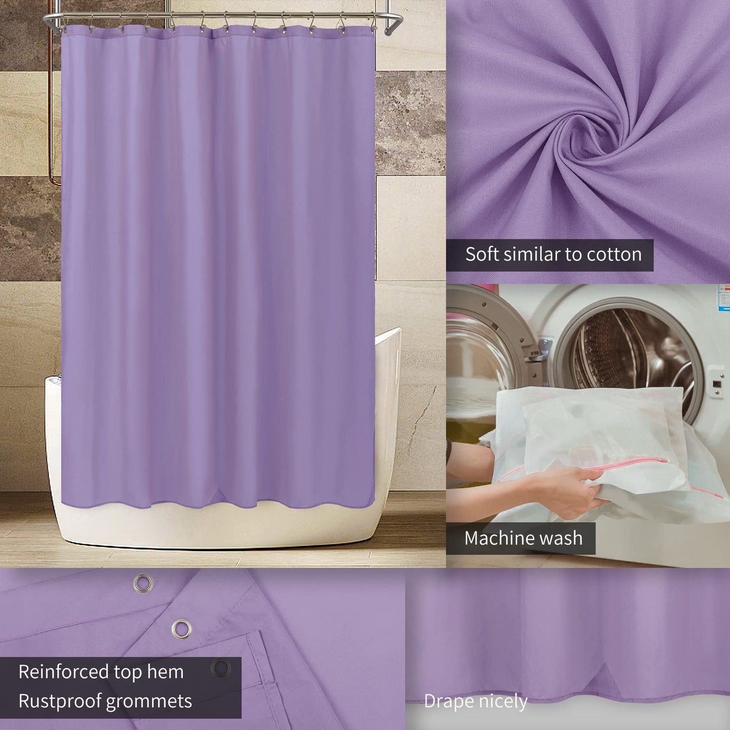 ALYVIA SPRING Lavender Purple Fabric Shower Curtain Liner Waterproof - Soft & Light-Weight Cloth Shower Liner with 3 Magnets, Hotel Quality & Machine Washable - Standard Size 72x72, Lavender