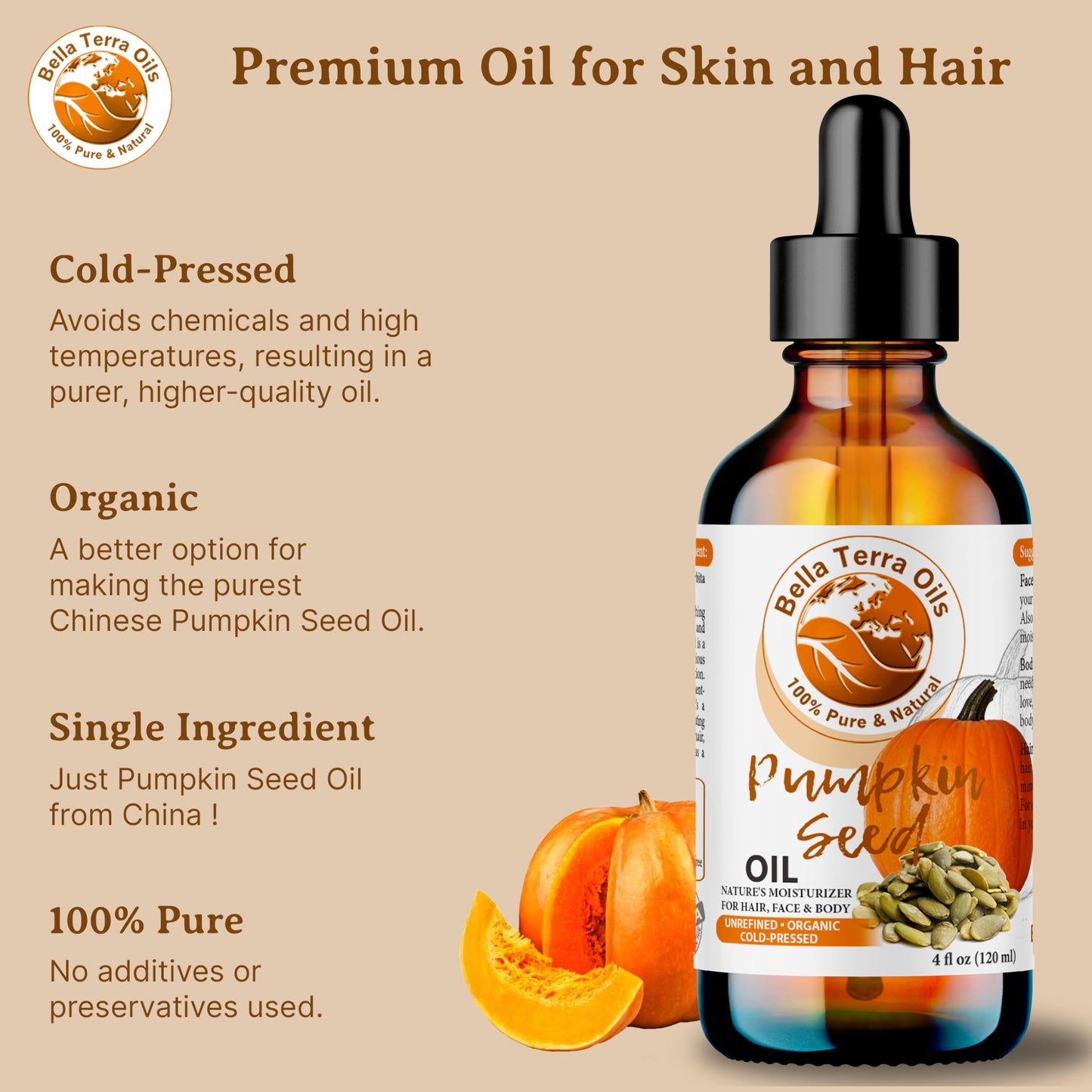 Bella Terra Oils - Organic Pumpkin Seed Oil 4oz - A Rendezvous with Organic Pumpkin's Nutritional Delight, Abundant in Vitamin C & E, The Epitome of Skin Purity