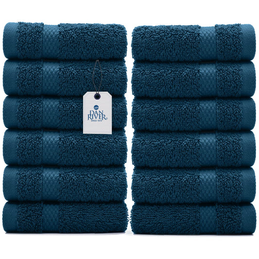 DAN RIVER 100% Cotton Face Towels 12 Pack - Premium Quality Washcloths Highly Absorbent Towels for Bathroom, Spa, Gym - Quick Dry Essential for Daily Use 12x12 in, 600 GSM – Blue