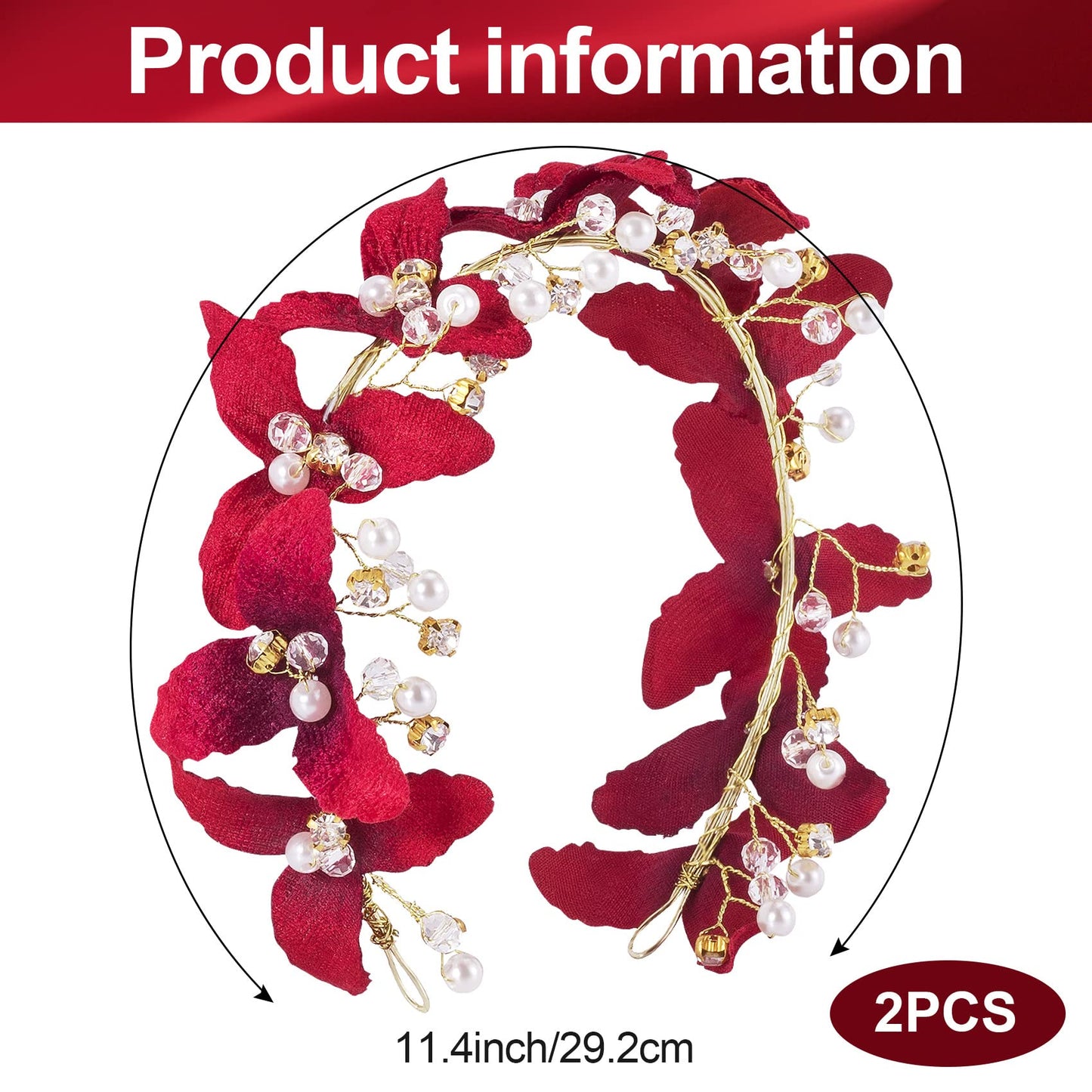 ANCIRS 2 Pack Red Flower Crown Bridal Hair Band Headband, Rhinestone Red Rose Crowns Tiaras Hair Accessories & Crystal Floral Red Bride for Women & Girls Wedding Engagement Birthday Christmas Decorations