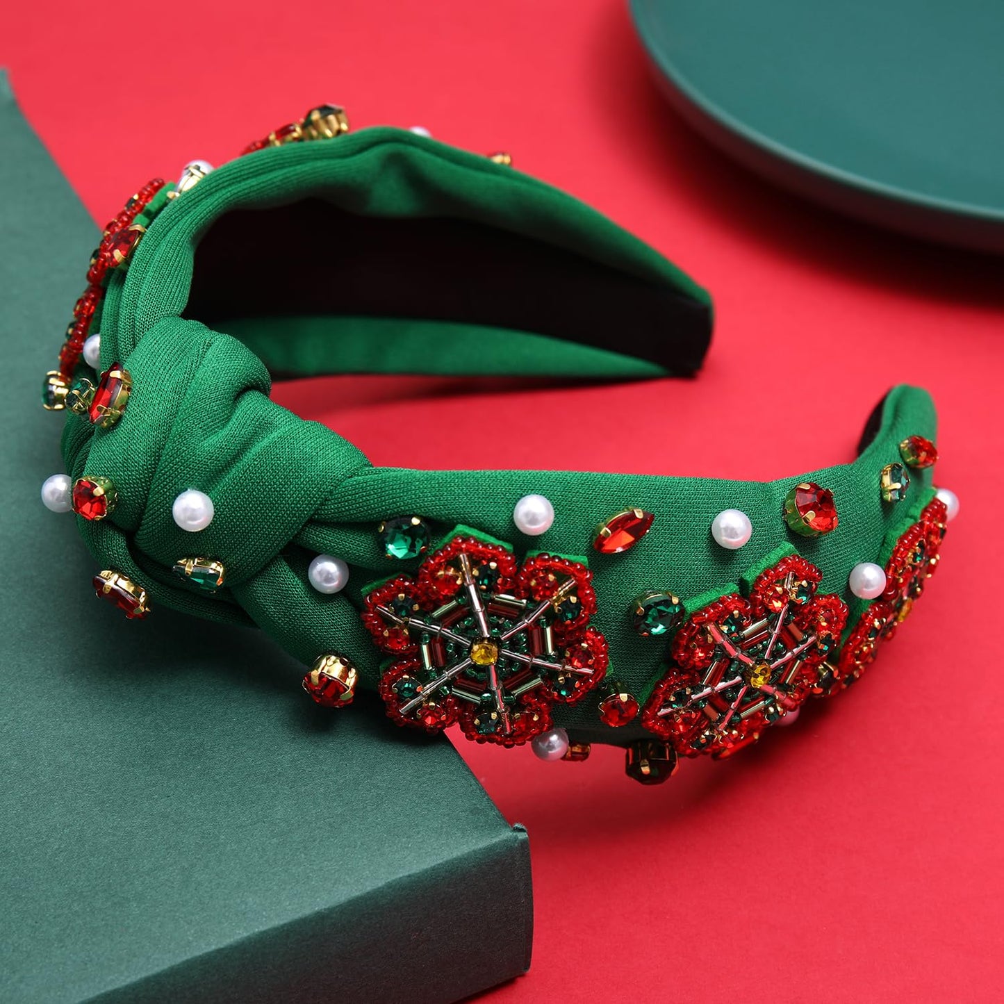 Christmas Headband Red Green Rhinestone Crystal Jeweled Knotted Heabdand Festive Holiday Wide Top Knot Hairband Headpiece Christmas Party Costume Accessories Gift (green Christmas snowflake headband)