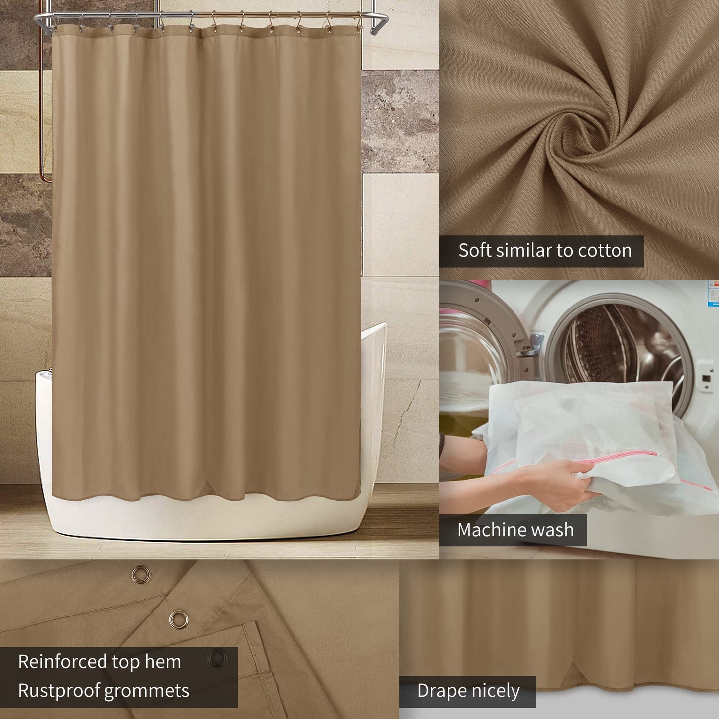 ALYVIA SPRING Coffee Brown Fabric Shower Curtain Liner Waterproof - Soft & Light-Weight Cloth Shower Liner with 3 Magnets, Hotel Quality & Machine Washable - Standard Size 72x72, Coffee