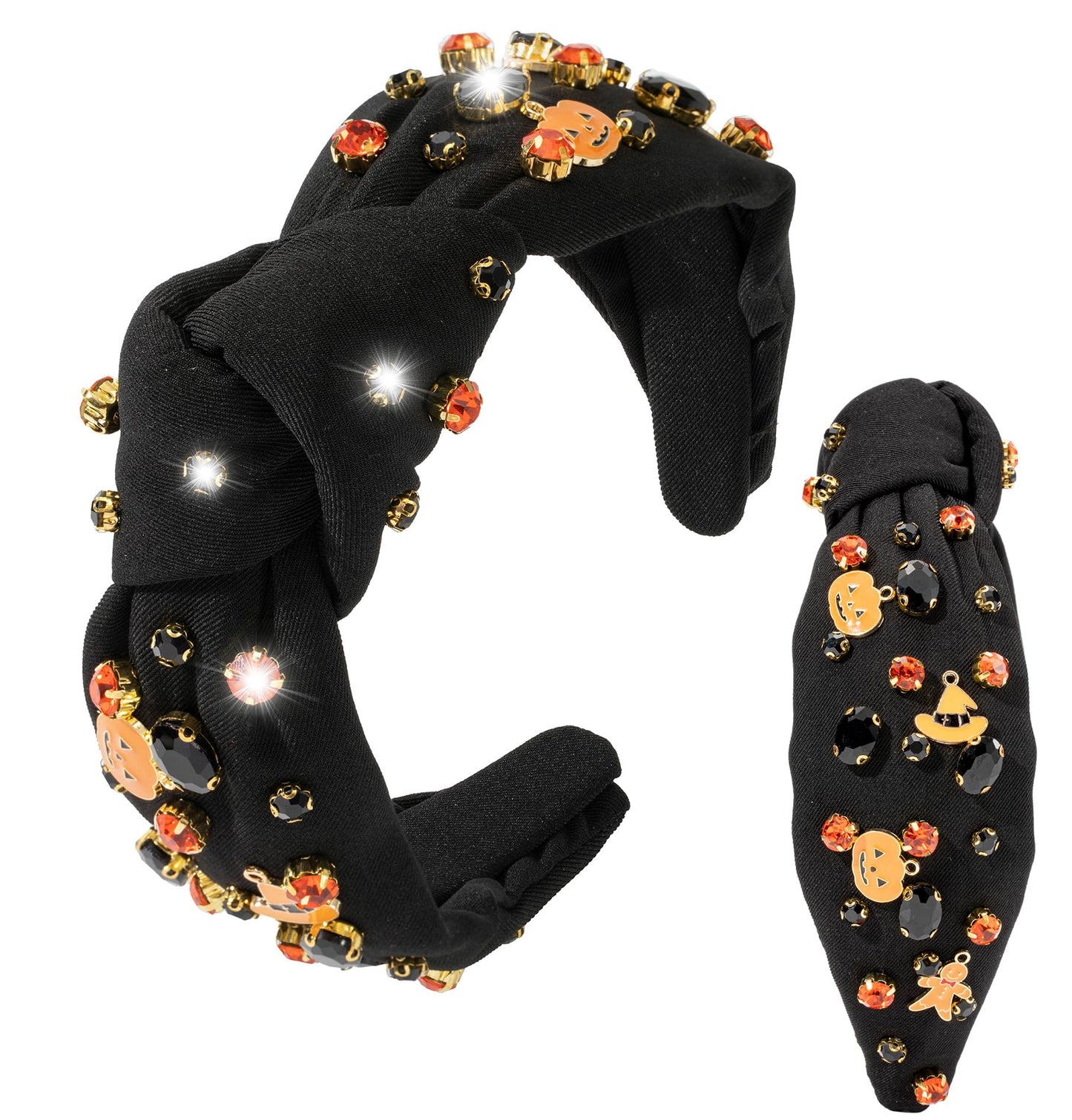 Halloween Rhinestone Knotted Jeweled Headband for Women Halloween Pumpkin Hat Embellished Mixed Top Hairband ladies Twist Wide Hair Band Accessories Holiday Makeup Hair Hoop Gif(Halloween-black hat)