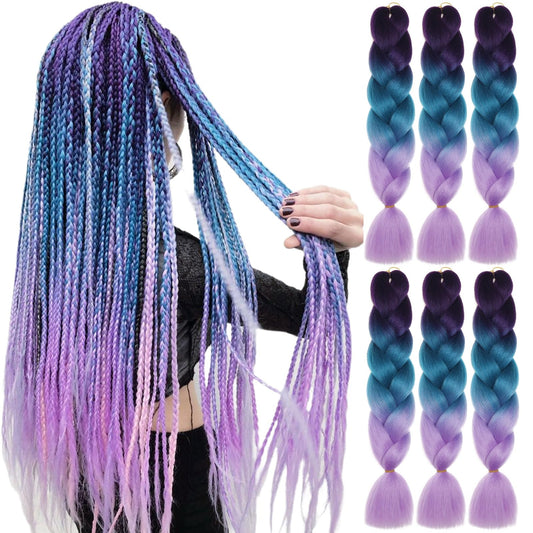 Ombre Braiding Hair Pre Stretched 6 Packs Synthetic Hair Extensions for Braids 24 inch Purple Teal Purple Braiding Hair Jumbo Festival Colorful Braid Hair