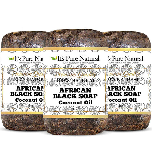 It's Pure Natural African Black Soap Bars with Coconut Oil (Pack of 3) Organic Raw Soap for Face & Body, Acne Treatment & Dark Spot Remover [Made in Ghana]