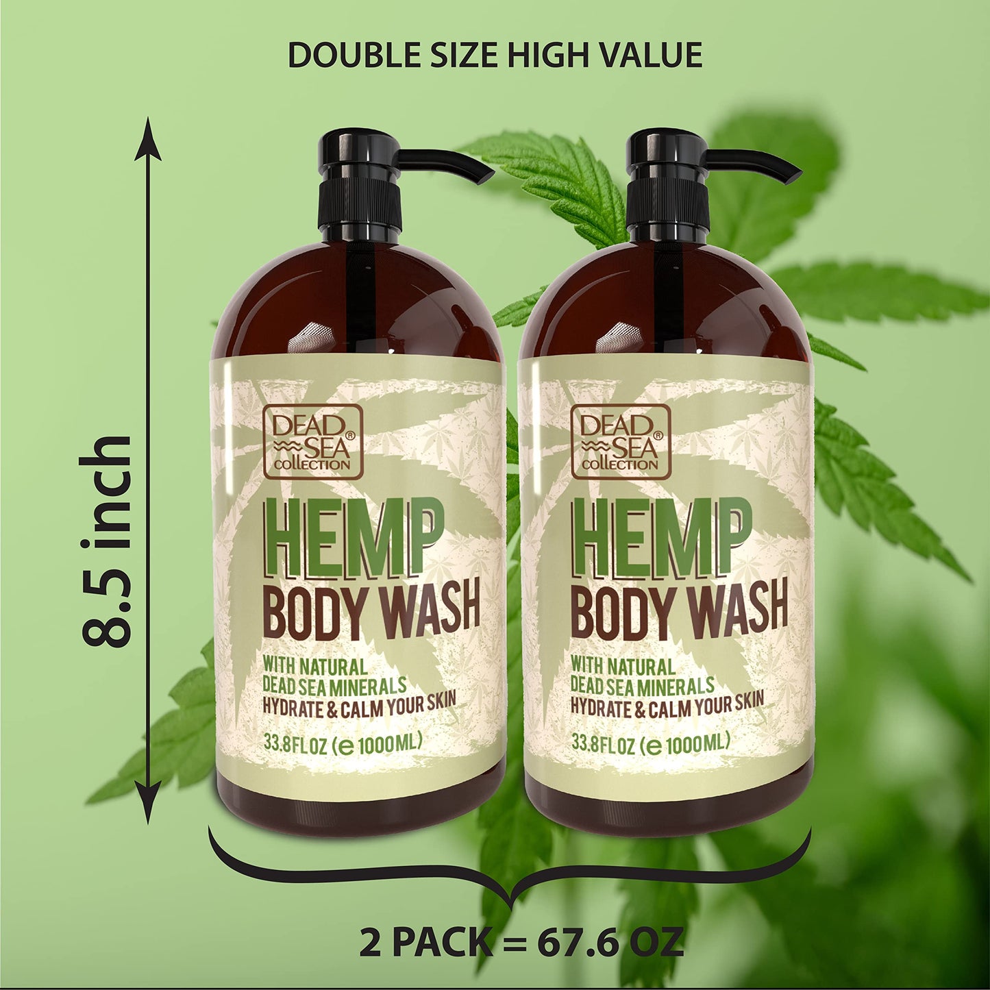 Dead Sea Collection Hemp Body Wash for Women and Men - with Pure Dead Sea Minerals and Hemp Seed Oil - Cleanses and Moisturizes Skin - Pack of 2 (67.6 fl. oz)