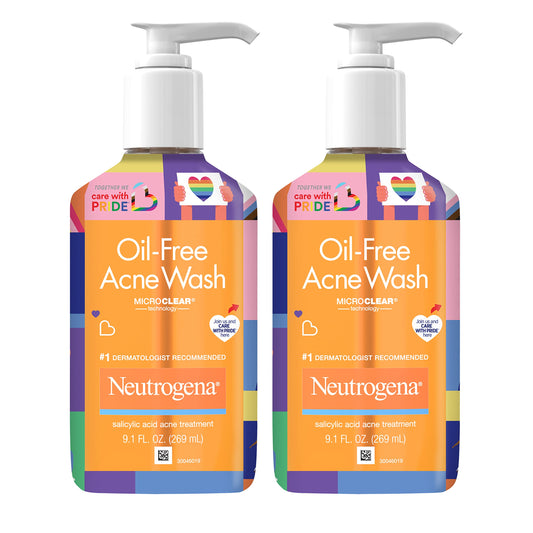 Neutrogena Oil-Free Acne Fighting Facial Cleanser, 2% Salicylic Acid Acne Treatment, Daily Oil Free Acne Face Wash, Special Care with Pride Packaging, Value Two Pack, 9.1 fl. oz