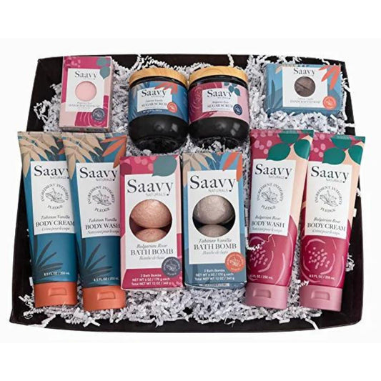 Saavy Naturals 10-Piece Spa Gift Basket, Relaxing Bulgarian Rose, Tahitian Vanilla Scented Gift Basket with Body Wash, Sugar Scrub, and More, Spa Self Care Gift Baskets for Women