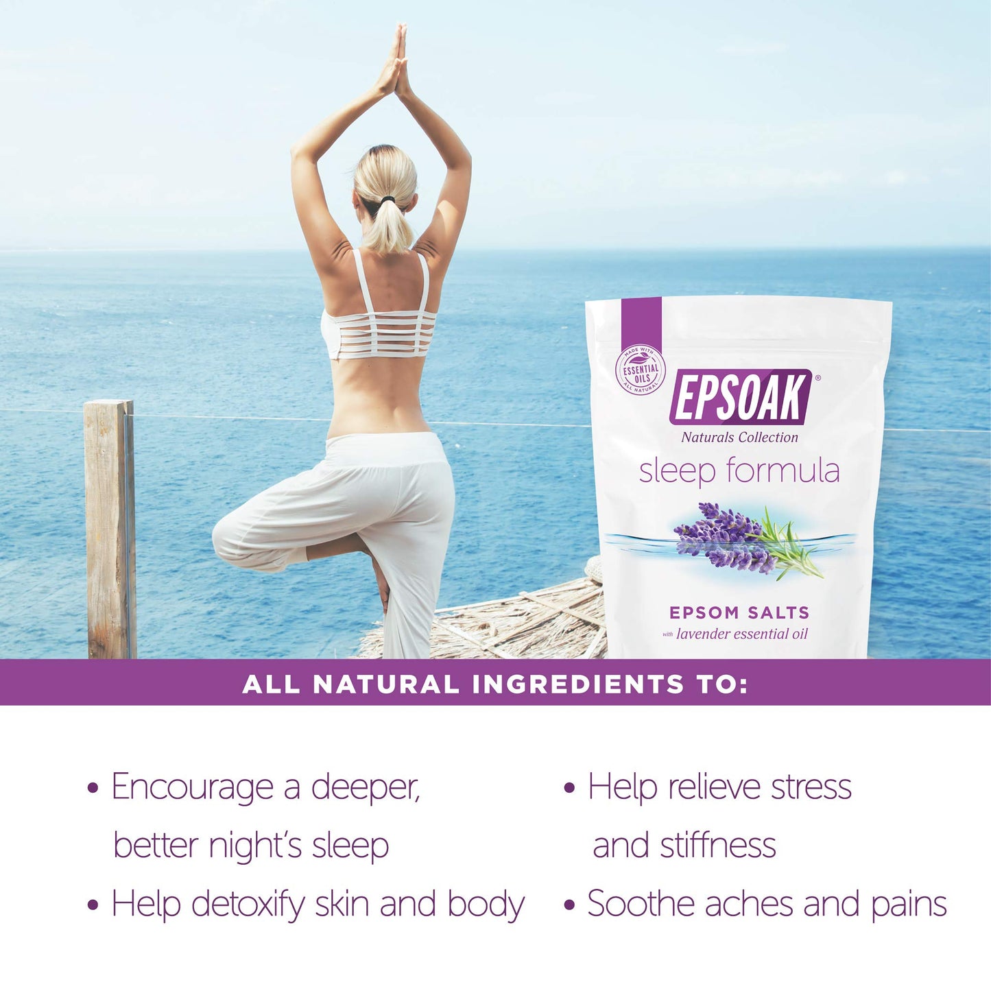 Epsoak Epsom Salt 4 lb. Magnesium Sulfate USP. (Qty. 2 x 2lb. Bag), Lavender Sleep Formula, Resealable Epsom Salt Bag, Made in The USA, Cruelty-Free Certified