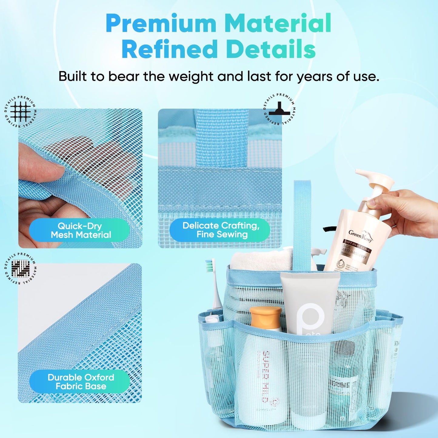 EUDELE Mesh Shower Caddy Portable, 8-Pocket Large Capacity, Quick Dry, Easy Clean, Ideal for Beach, Swimming, Gym, Travel