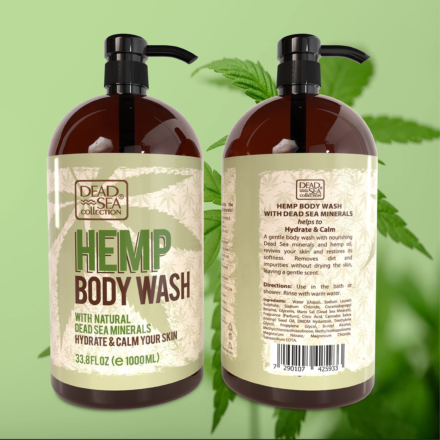 Dead Sea Collection Hemp Body Wash for Women and Men - with Pure Dead Sea Minerals and Hemp Seed Oil - Cleanses and Moisturizes Skin - Pack of 2 (67.6 fl. oz)