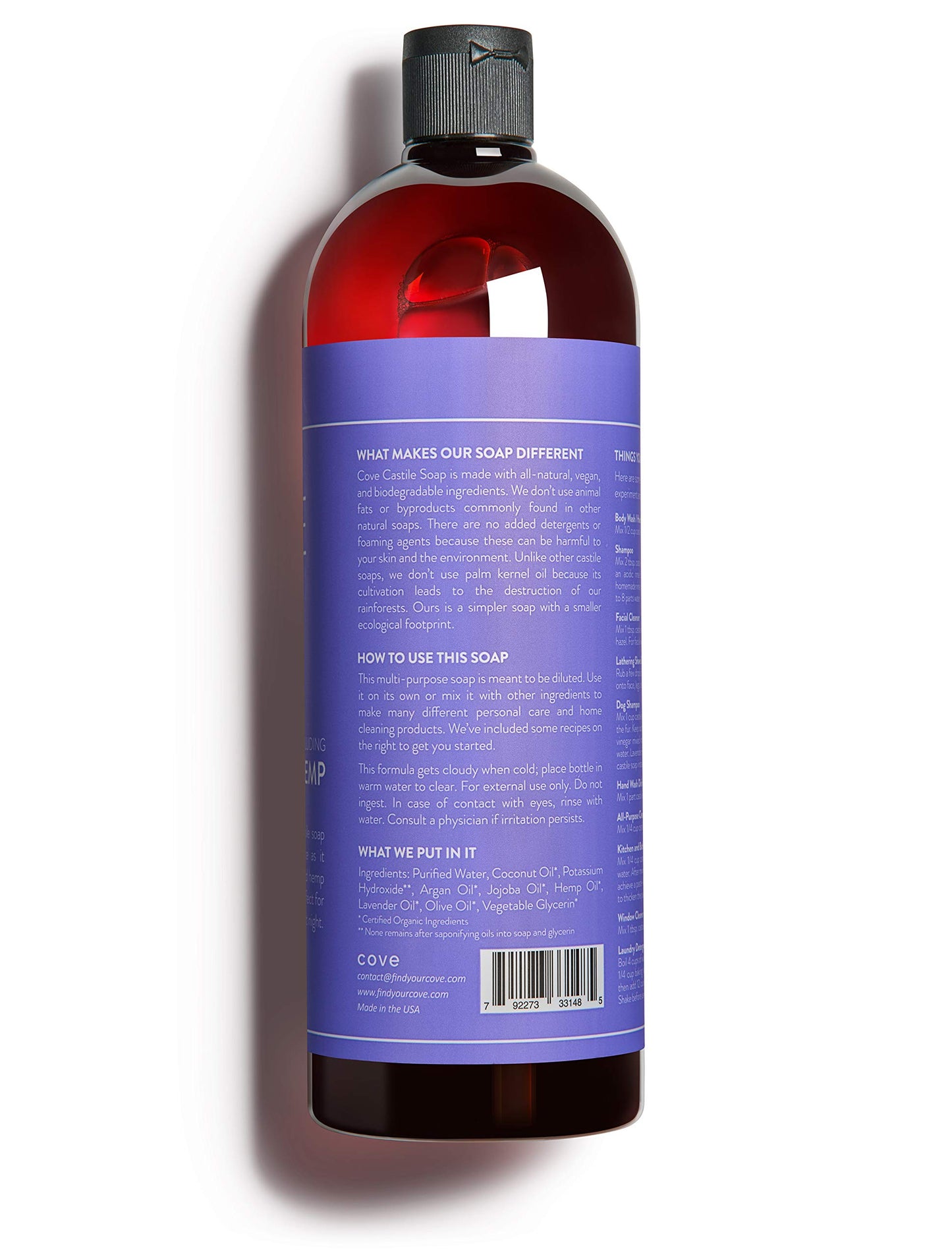 Cove Castile Soap Lavender - 1 Liter / 33.8 fl oz - Organic Argan, Jojoba, and Hemp Oils