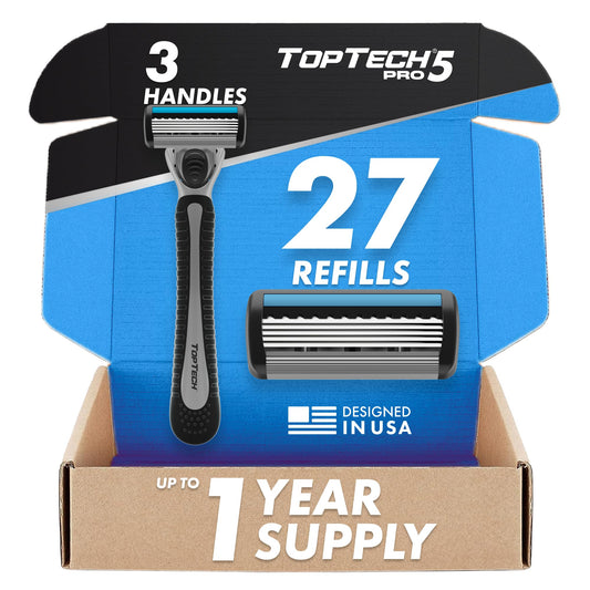 TopTech PRO 5 Razors for Men Trio Set - Manual Shaving Razors & Refills - 30 Count Pack (3 Handles + 27 Replaceable Cartridges) - 5-Blades Technology - Soft Shave & Sharp Blades - Great Refill Price