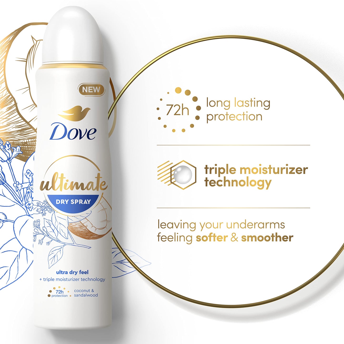 Dove Ultimate Dry Spray Antiperspirant Coconut And Sandalwood 2 Count For 72-Hour Sweat And Odor Protection With Triple Moisturizer Technology 3.8oz