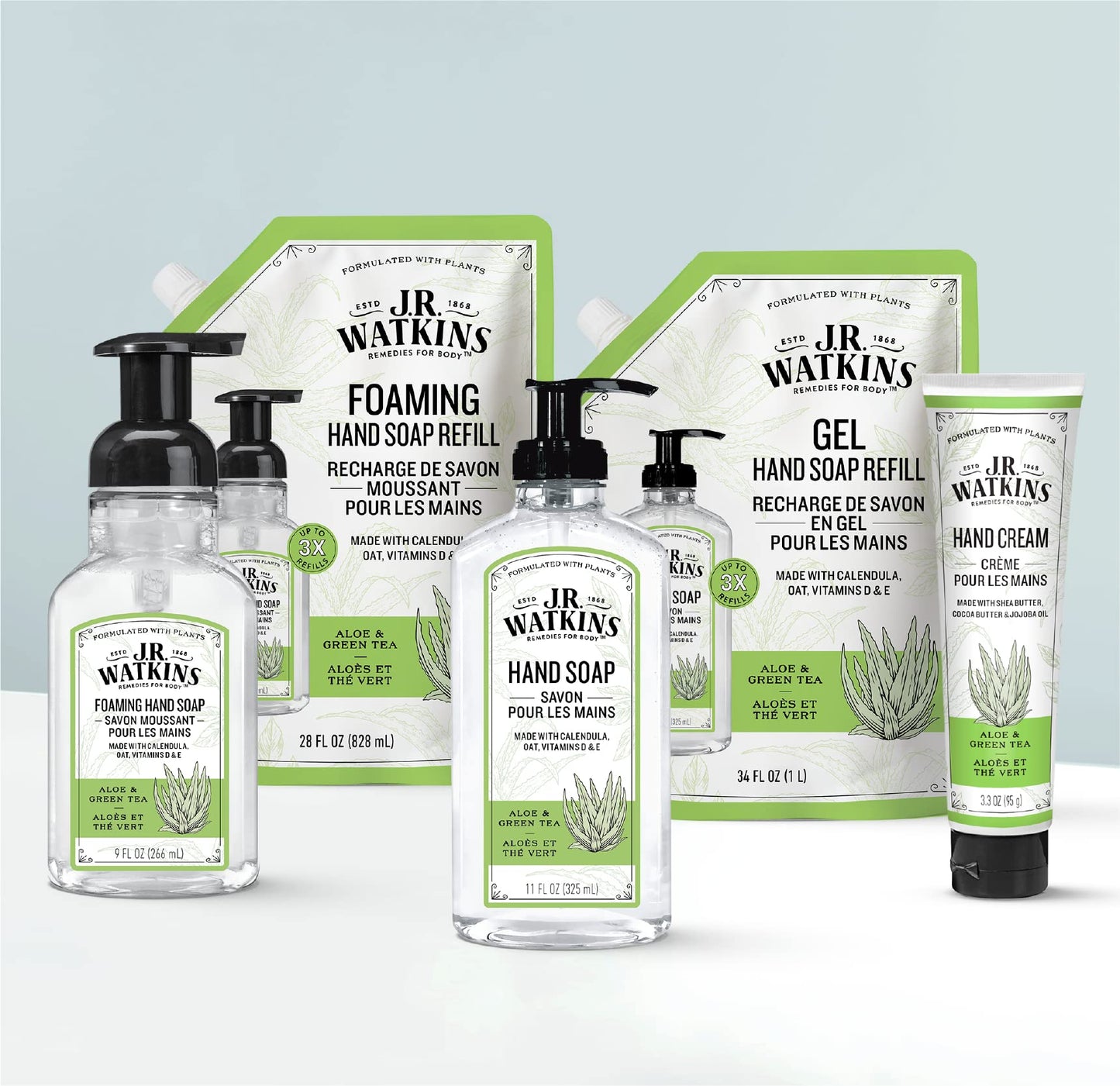 J.R. Watkins Liquid Hand Soap With Dispenser, Moisturizing Hand Soap, Alcohol-Free Hand Wash, Cruelty-Free, Liquid Soap For Bathroom or Kitchen, Aloe & Green Tea, 11 Fl Oz, 3 Pack