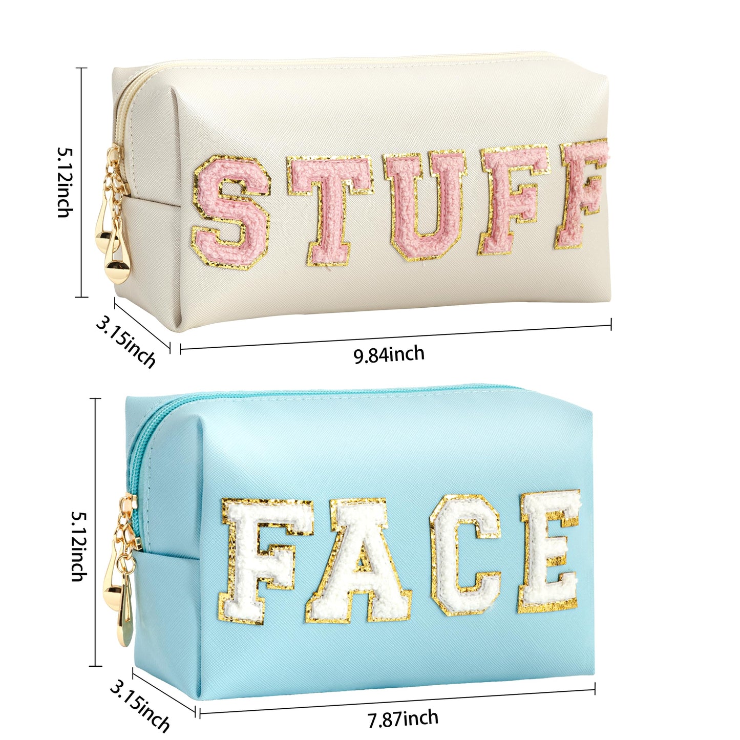 Vorey 4PCS Preppy Makeup Bag for Women Travel Toiletry Bag Chenille Letter Cosmetic Bag PU Leather Waterproof Pouch Cute Zipper Organizer, Stuff, Skin, Hair and Face