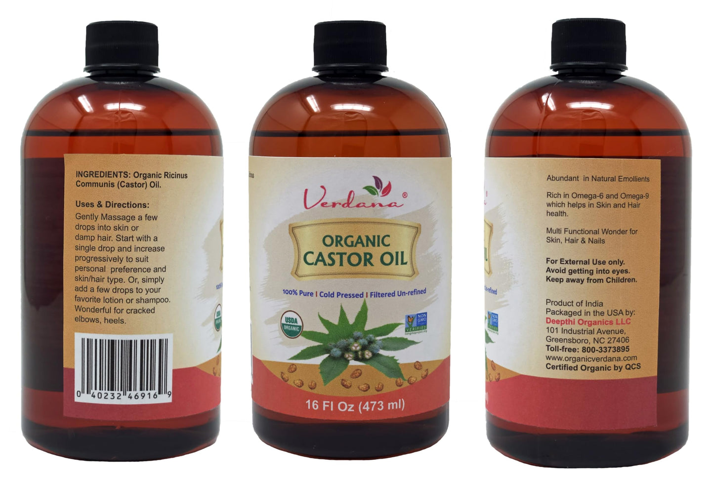 Verdana Organic Castor Oil – 16 Fl Oz size – Cold Pressed, Unrefined, Hexane Free - For Face, Hair, Pack Wrap