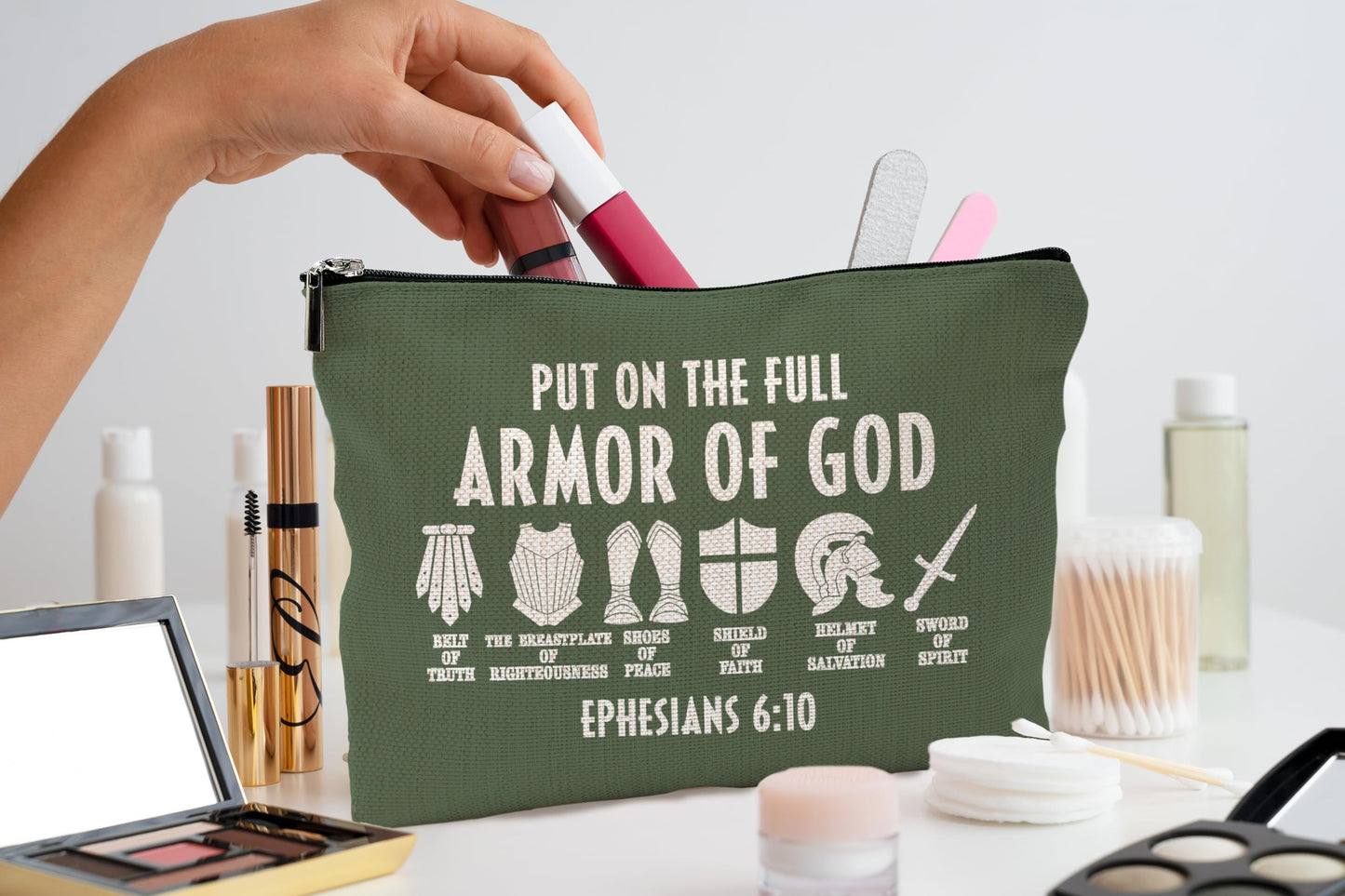 QGFM Christian Gifts for Women,Christian Makeup Bags for Women,Bible Verse Makeup Bag With Zipper,Put On The Full armor Of God Cosmetic Bag