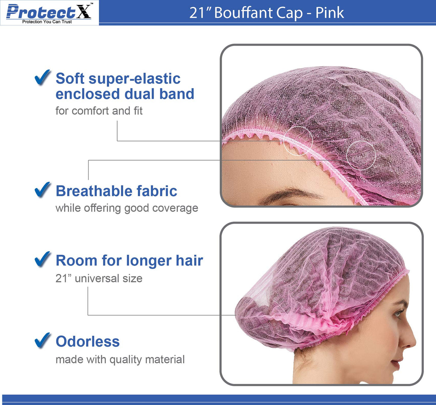 ProtectX 500-Pack Pink Disposable Hair Nets, Elastic Head Cover, Bouffant Caps, Sanitation Head Cover for Food Service, Spa Men & Women - 21 inch