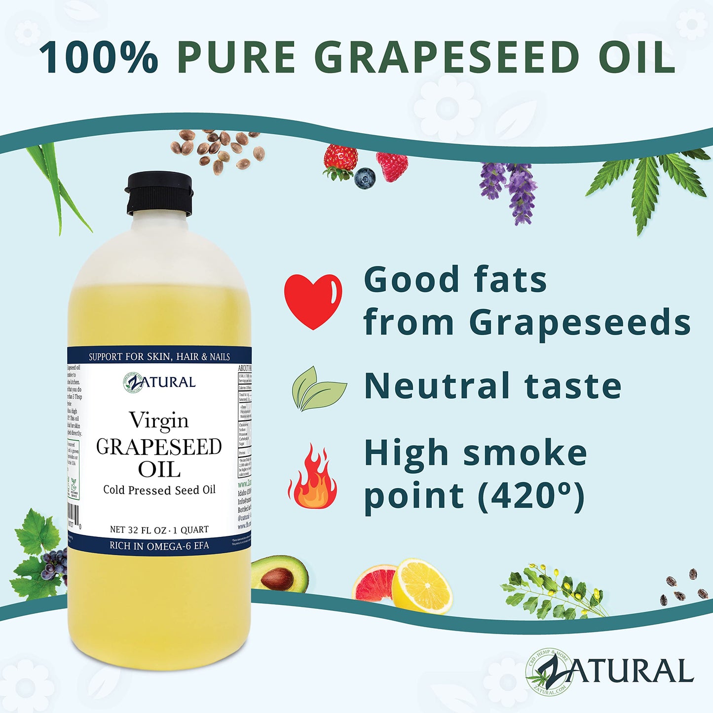 Zatural Grapeseed Oil Organically Grown 100% Pure Cold Pressed Virgin High Tempurature Cooking Oil (32oz)