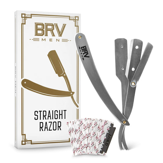 BRV MEN Professional Straight Edge Barber Razor w/ 100 Lord Platinum Single Edge Razor Blades | Straight Razors for Men | Barbershop Accessories | Mens Shaving Knife & Shavette - Silver