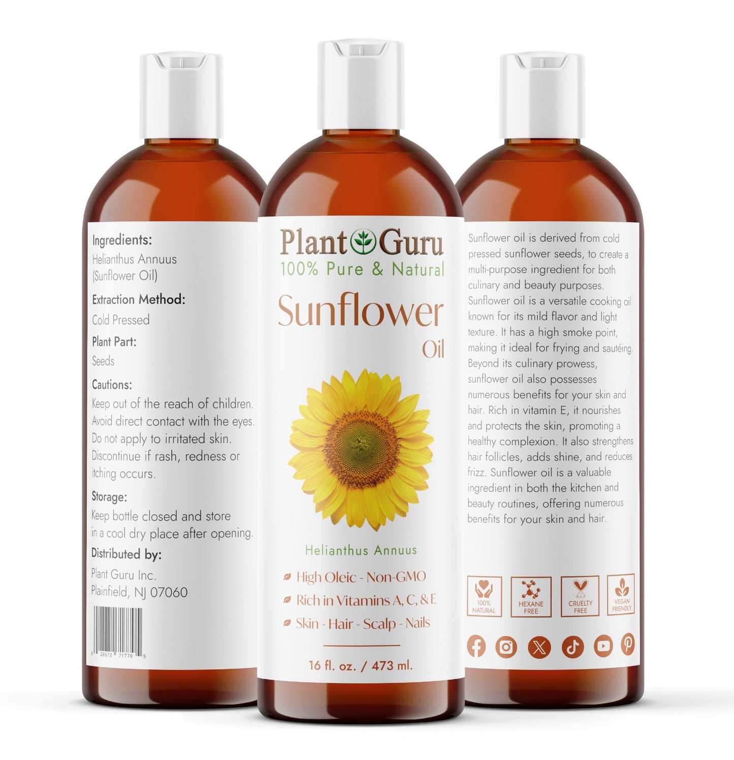 Sunflower Oil 16 oz Cold Pressed Carrier 100% Pure Natural for Skin, Body, Face, and Hair Growth Moisturizer. Great for Creams, Lotions, Lip Balm and Soap Making