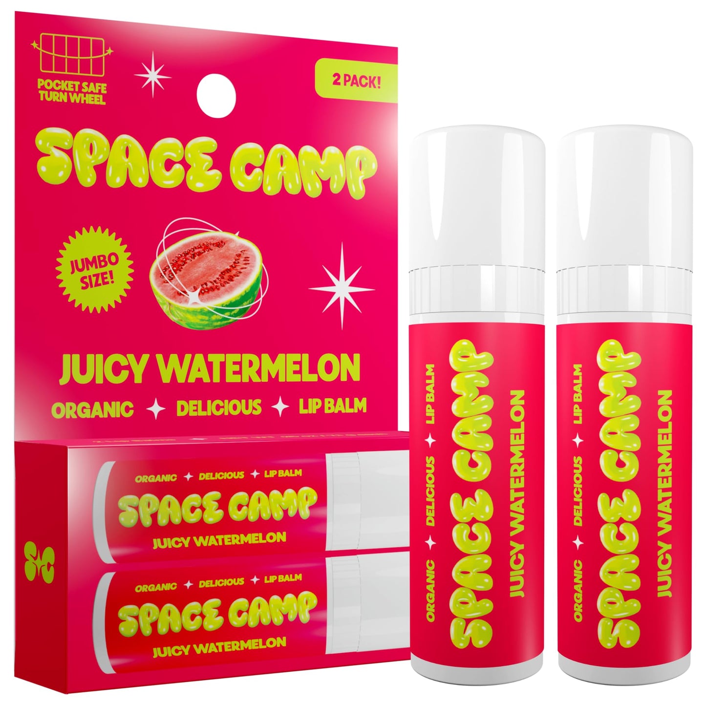 Space Camp Wellness Jumbo Lip Balm - Juicy Watermelon Organic Flavored Balm (2 Pack)