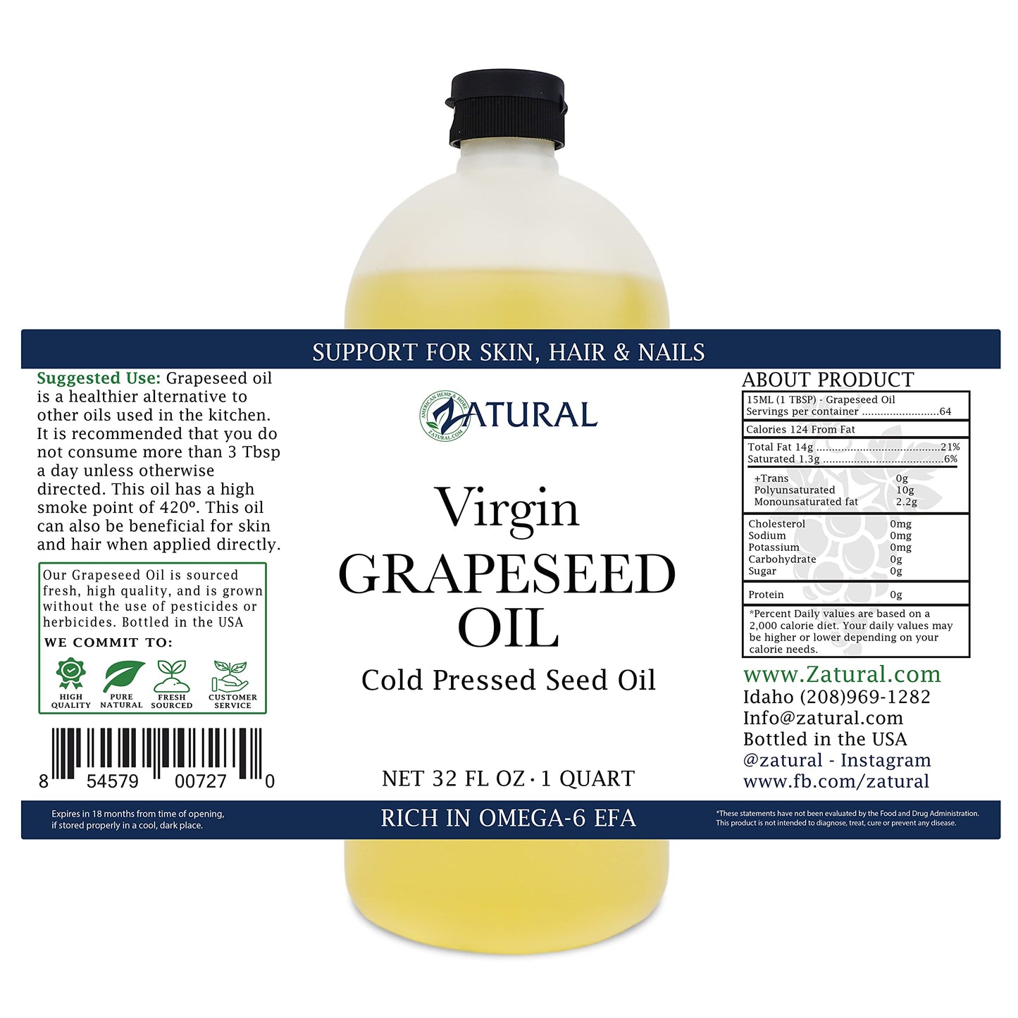 Zatural Grapeseed Oil Organically Grown 100% Pure Cold Pressed Virgin High Tempurature Cooking Oil (32oz)