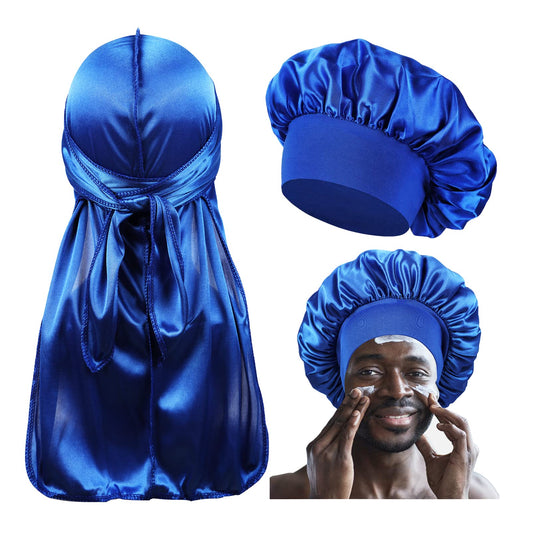 Silk Bonnet for Men,Sleeping Bonnet for Curly Hair Men,Hair Bonnet Men for Sleeping,Matching Bonnets and Durags Set C-Blue