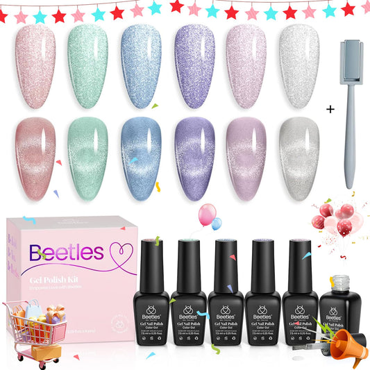 Beetles 6 Colors Holographic Glitter Cat Eye Easter Gel Nail Polish Kit with Magnet Romantic Galaxy Series Soak Off Uv Led Gel Nail Polish Set Home Diy Manicure Nail Salon Varnish Nail Art