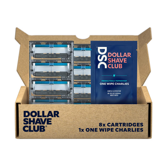 Dollar Shave Club | 6 Blade Razor Refills (8 Pack) | 6 Stainless Steel Blades for a Close & Comfortable Shave, 1 One Wipe Charlies