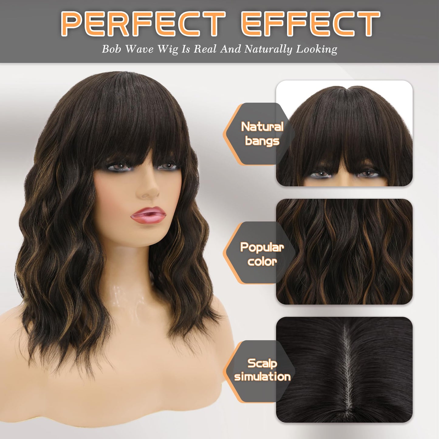 MOSINA Bob wig with Bangs for Women,Black mixed with light brown Wig,14" synthetic bob wigs,Heat Resistant Fiber Wig for Suitable for work, parties and other occasions Use………