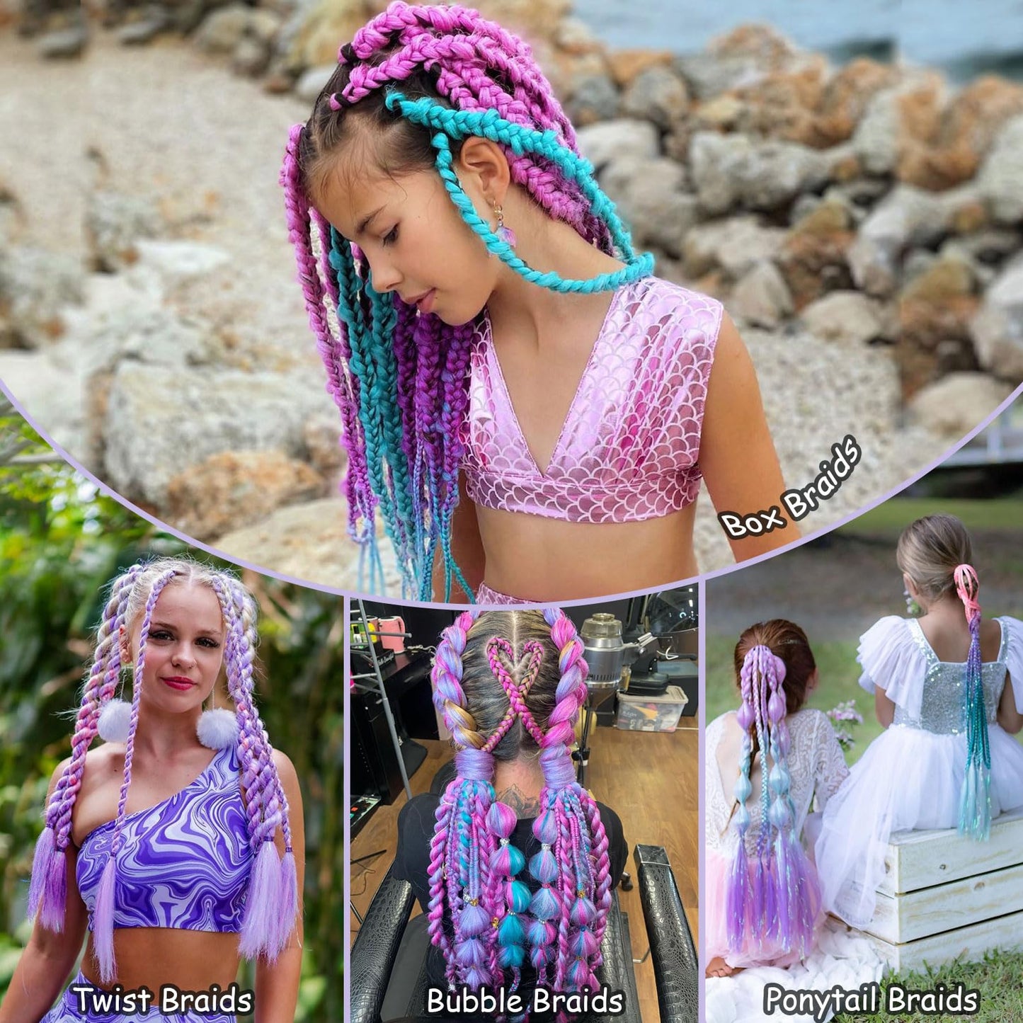 Ombre Braiding Hair Pre Stretched 6 Packs Synthetic Hair Extensions for Braids 24 inch Purple Teal Purple Braiding Hair Jumbo Festival Colorful Braid Hair