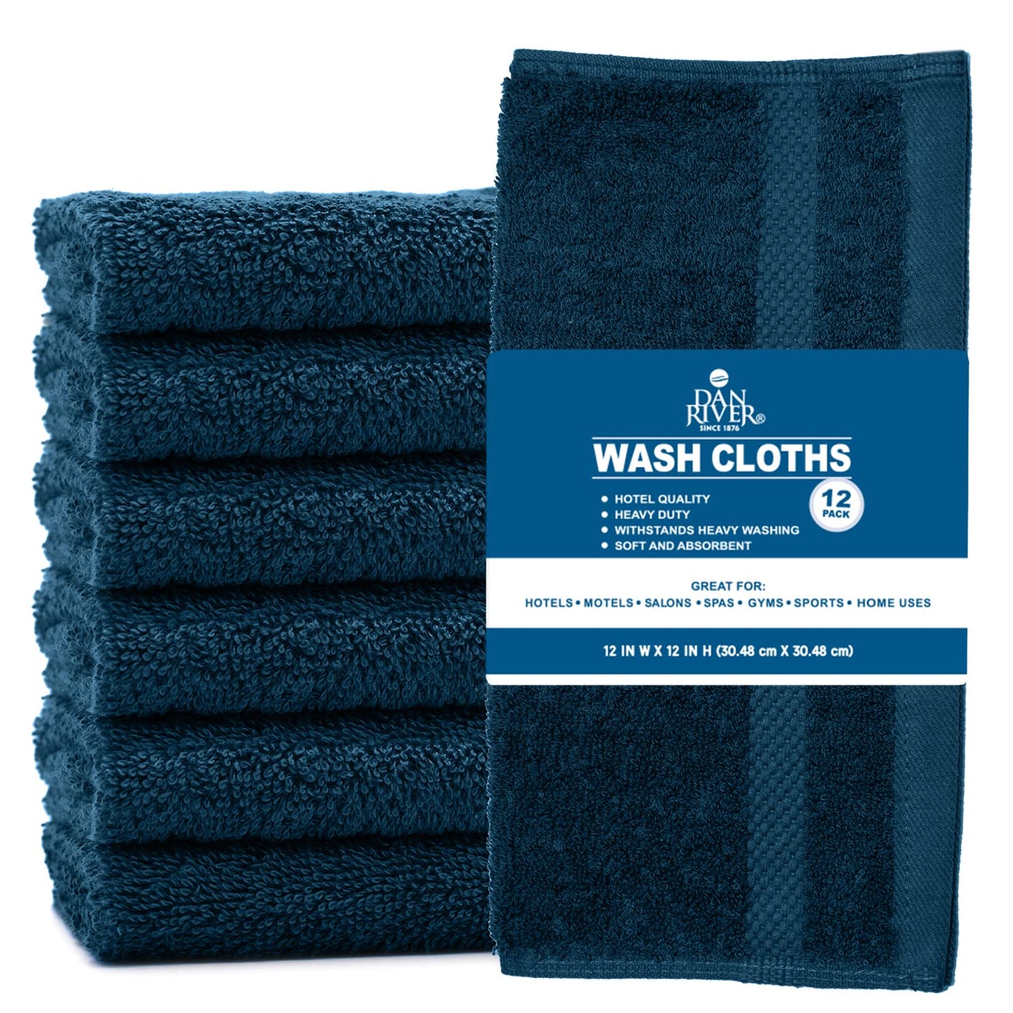 DAN RIVER 100% Cotton Face Towels 12 Pack - Premium Quality Washcloths Highly Absorbent Towels for Bathroom, Spa, Gym - Quick Dry Essential for Daily Use 12x12 in, 600 GSM – Blue