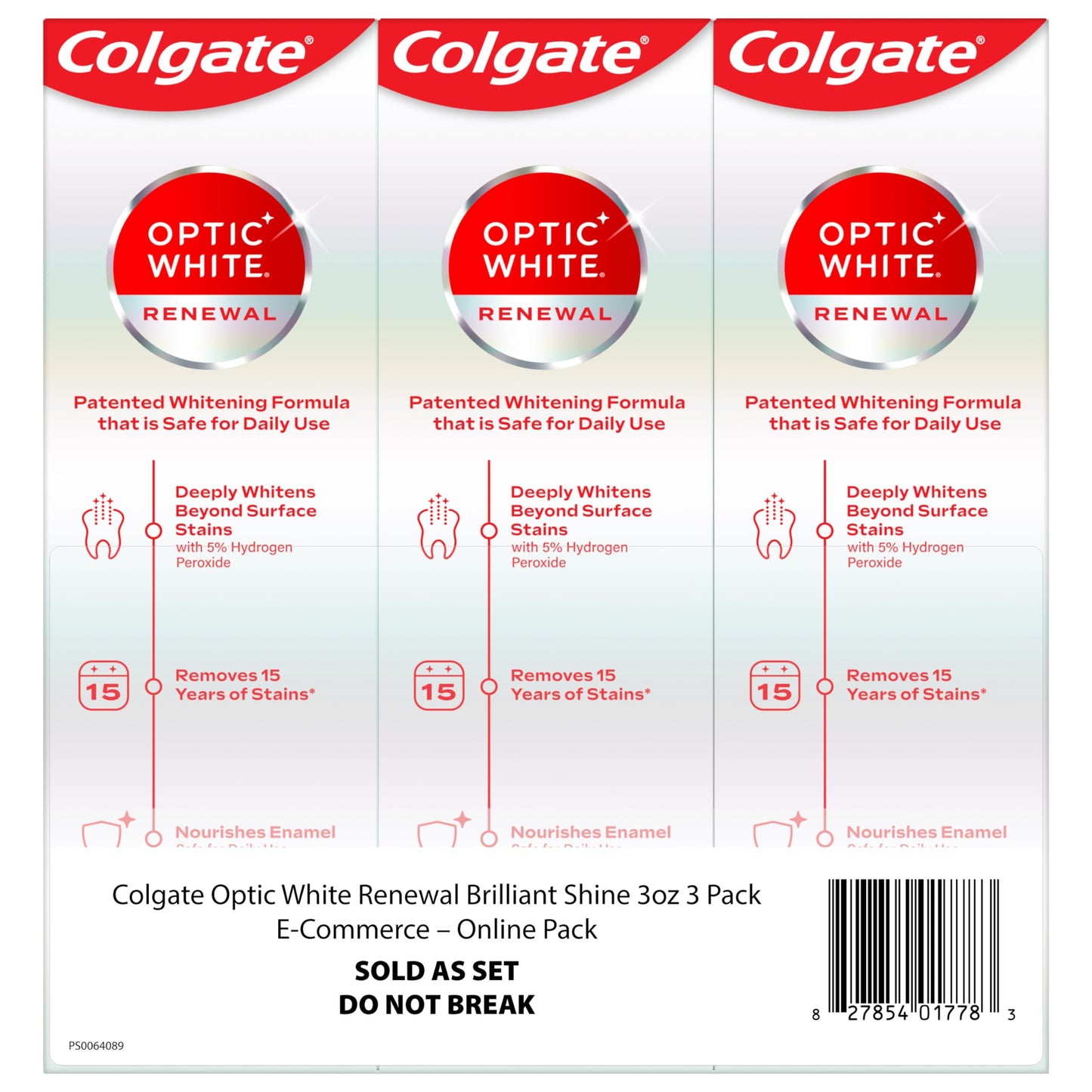 Colgate Optic White Renewal Teeth Whitening Toothpaste, Whitening Fluoride Toothpaste, Effectively Removes Tea, Coffee, and Wine Stains, Made with Hydrogen Peroxide, Brilliant Shine, 3 Pack, 3.0 oz