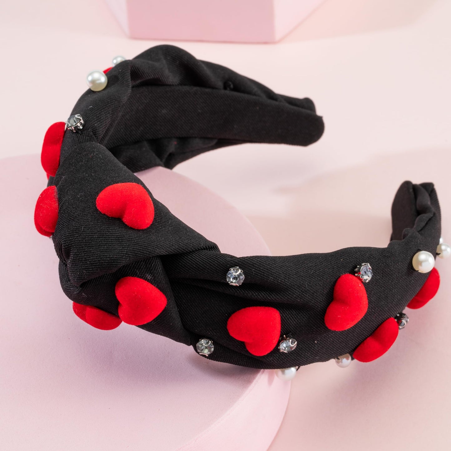 Valentine's Day Rhinestone headband for women Red Heart Love Charm Embellished Top Black Hairband Twist Wide Hair Band (Valentine -black)